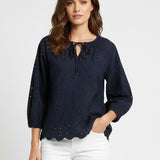 Navy Eyelet Peasant Blouse